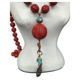 Vintage Chinese Cinnabar Beaded Necklace & Chinese Porcelain Pendant Tassel Necklace