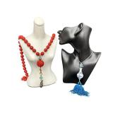 Vintage Chinese Cinnabar Beaded Necklace & Chinese Porcelain Pendant Tassel Necklace
