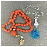 Vintage Chinese Cinnabar Beaded Necklace & Chinese Porcelain Pendant Tassel Necklace