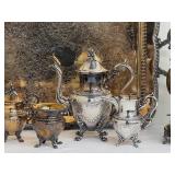 Vintage Goldfeder Silver Co. Footed Coffee / Tea Service Silver Plate Chased by Hand
