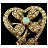 Antique 14k Opal and Seed Pearl Heart Shaped Brooch / Pin