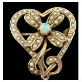 Antique 14k Opal and Seed Pearl Heart Shaped Brooch / Pin
