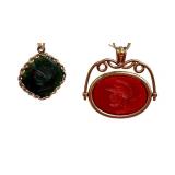 Two Antique Intaglio Pendants including an Antique Intaglio Bloodstone Pendant