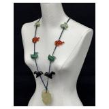 Vintage Chinese Carved Gemstone Animals Hand Knotted Silk Necklace