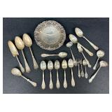 Assortment of Antique Silver Plated Flatware and a Silver Plated Footed Candy Dish