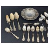 Assortment of Antique Silver Plated Flatware and a Silver Plated Footed Candy Dish