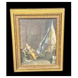 Antique Wood Dresser Box / Victorian Lithograph Jewelry Box with Mirror