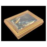 Antique Wood Dresser Box / Victorian Lithograph Jewelry Box with Mirror