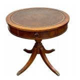 Antique Chesterfield Style Mahogany Drum Table with Leather Inlaid Top / Antique English Leather Top Mahogany Round Side Table