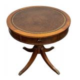 Antique Chesterfield Style Mahogany Drum Table with Leather Inlaid Top / Antique English Leather Top Mahogany Round Side Table