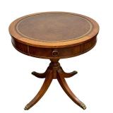 Antique Chesterfield Style Mahogany Drum Table with Leather Inlaid Top / Antique English Leather Top Mahogany Round Side Table