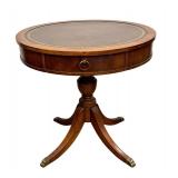 Antique Chesterfield Style Mahogany Drum Table with Leather Inlaid Top / Antique English Leather Top Mahogany Round Side Table