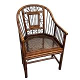 Vintage Chinoiserie Burnt Rattan Bamboo Cane Seat Split Reed Armchair