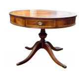 Vintage Circular Drum Table with Leather Inlaid Top