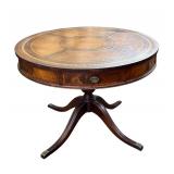 Vintage Circular Drum Table with Leather Inlaid Top