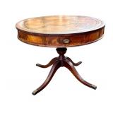 Vintage Circular Drum Table with Leather Inlaid Top