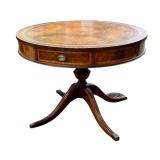 Vintage Circular Drum Table with Leather Inlaid Top