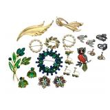 Variety of Vintage Jewelry including Vintage Rhinestone Brooch and Earrings Set & Vintage Crown Trifari Brooch