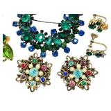 Variety of Vintage Jewelry including Vintage Rhinestone Brooch and Earrings Set & Vintage Crown Trifari Brooch