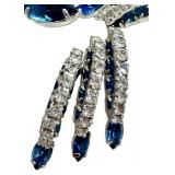 Beautiful Vintage Faux Diamond Sapphire Silver Tone Brooch and Earrings Set
