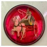 Vintage Pin Brass Red Glass Encased Horse Buggy Carriage Equestrian
