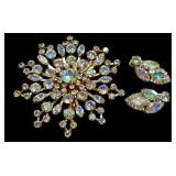 Pair of Vintage Weiss Aura Borelias Earrings and a Vintage Rhinestone Brooch