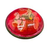 Vintage Pin Brass Red Glass Encased Horse Buggy Carriage Equestrian