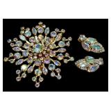 Pair of Vintage Weiss Aura Borelias Earrings and a Vintage Rhinestone Brooch