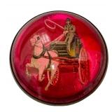 Vintage Pin Brass Red Glass Encased Horse Buggy Carriage Equestrian