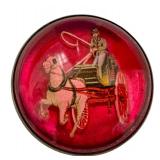 Vintage Pin Brass Red Glass Encased Horse Buggy Carriage Equestrian
