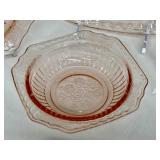 Assorted Vintage Pink Depression Glassware including a Vintage Jeannette Cherry Blossom Cake Platter