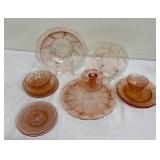 Assorted Vintage Pink Depression Glassware including a Vintage Jeannette Cherry Blossom Cake Platter