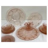 Assorted Vintage Pink Depression Glassware including a Vintage Jeannette Cherry Blossom Cake Platter