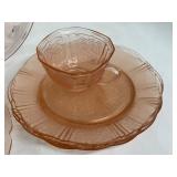 Assorted Vintage Pink Depression Glassware including a Vintage Jeannette Cherry Blossom Cake Platter