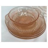 Assorted Vintage Pink Depression Glassware including a Vintage Jeannette Cherry Blossom Cake Platter