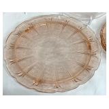 Assorted Vintage Pink Depression Glassware including a Vintage Jeannette Cherry Blossom Cake Platter