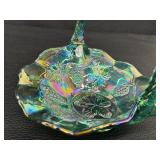 Vintage Fenton Green Iridescent Leaves and Grape Design Glass Basket