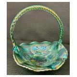 Vintage Fenton Green Iridescent Leaves and Grape Design Glass Basket