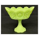 Vintage Fenton Uranium Green Satin Glass Pedestal Footed Compote