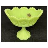 Vintage Fenton Uranium Green Satin Glass Pedestal Footed Compote