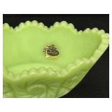 Vintage Fenton Uranium Green Satin Glass Pedestal Footed Compote