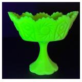 Vintage Fenton Uranium Green Satin Glass Pedestal Footed Compote