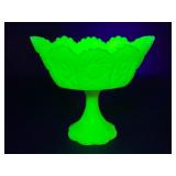 Vintage Fenton Uranium Green Satin Glass Pedestal Footed Compote