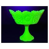 Vintage Fenton Uranium Green Satin Glass Pedestal Footed Compote