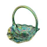 Vintage Fenton Green Iridescent Leaves and Grape Design Glass Basket