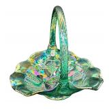 Vintage Fenton Green Iridescent Leaves and Grape Design Glass Basket