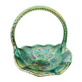 Vintage Fenton Green Iridescent Leaves and Grape Design Glass Basket