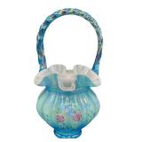 Vintage Fenton Blue Iridescent Cased Melon Ribbed Hand Painted Basket Hand Signed by Bill Fenton