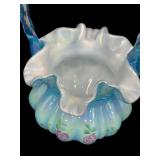 Vintage Fenton Blue Iridescent Cased Melon Ribbed Hand Painted Basket Hand Signed by Bill Fenton