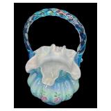 Vintage Fenton Blue Iridescent Cased Melon Ribbed Hand Painted Basket Hand Signed by Bill Fenton